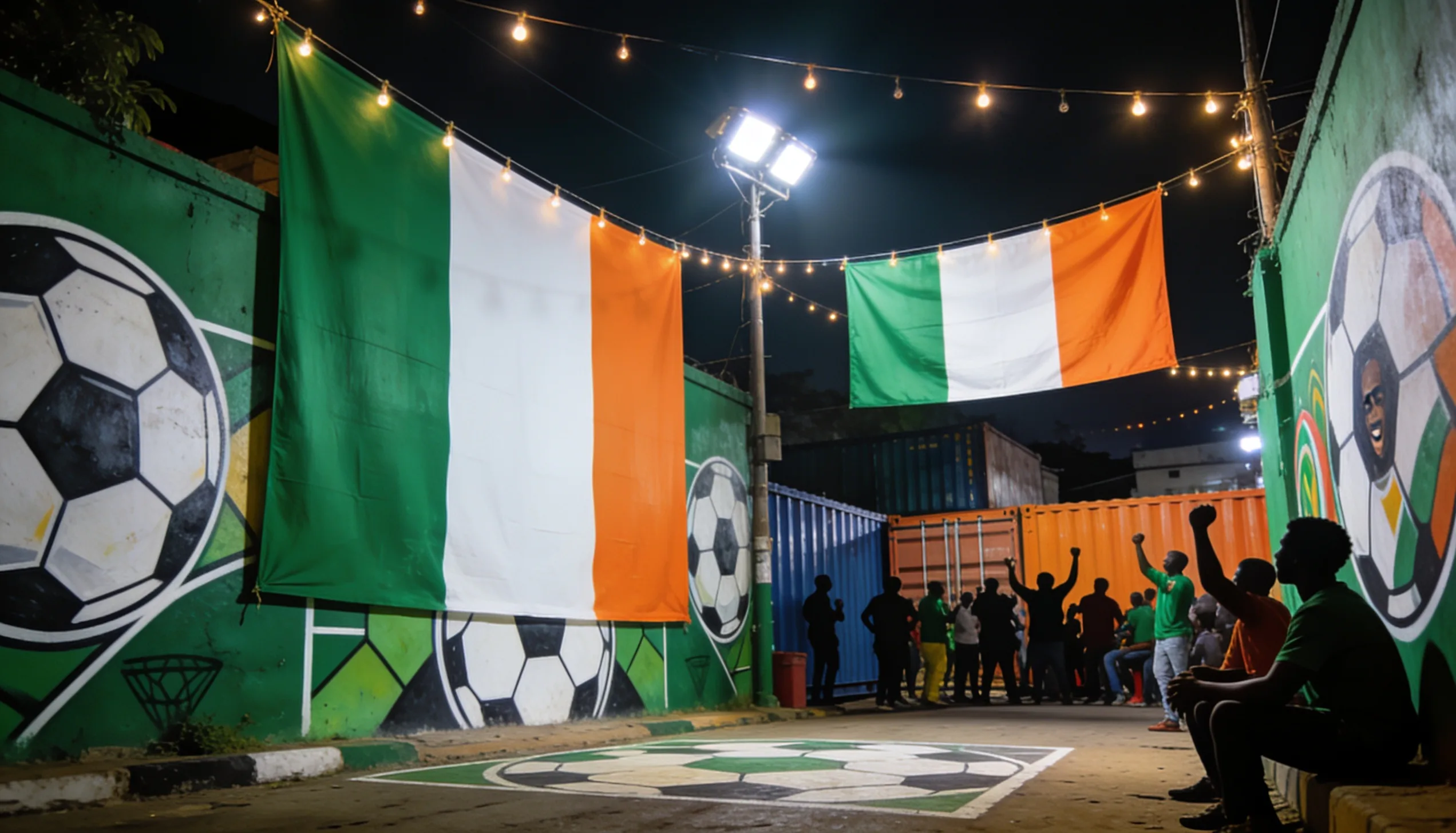 A vibrant Naija street football block party with painted murals, floodlights, banners and crowd silhouettes.